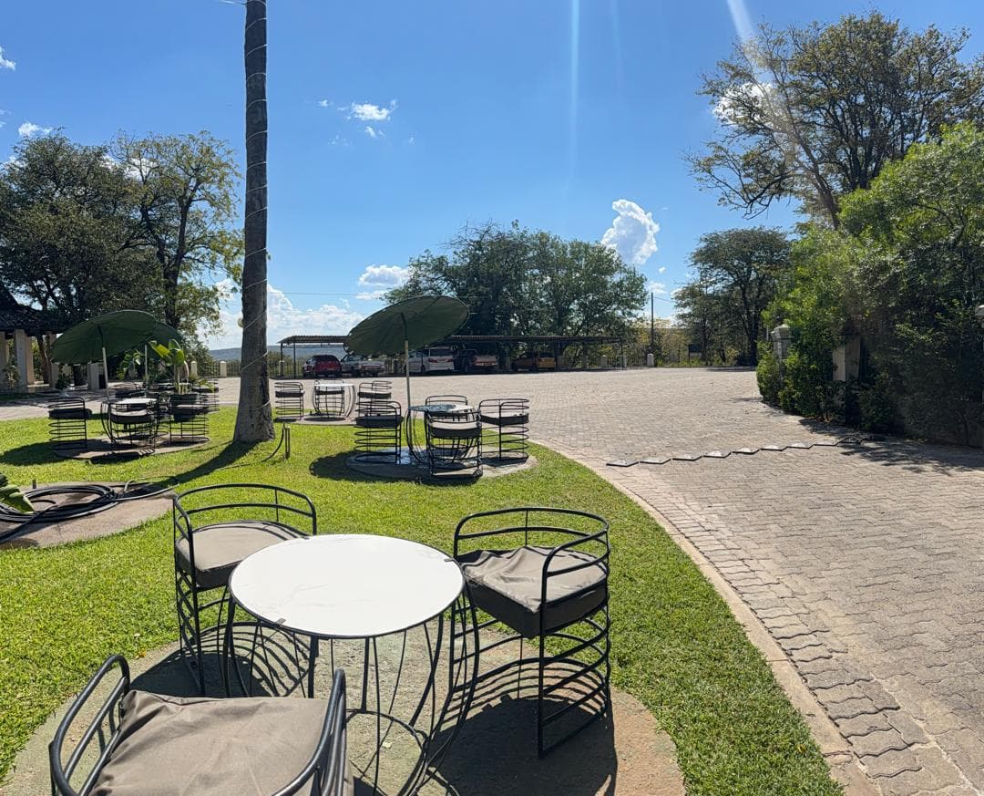Outdoor courtyard tables with view of the hills